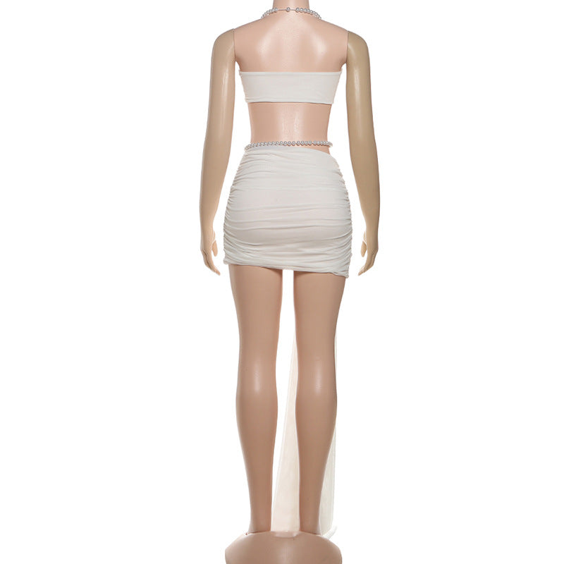 Halter beaded ruched mesh mini dress  | Festival Outfits Women-final-sale