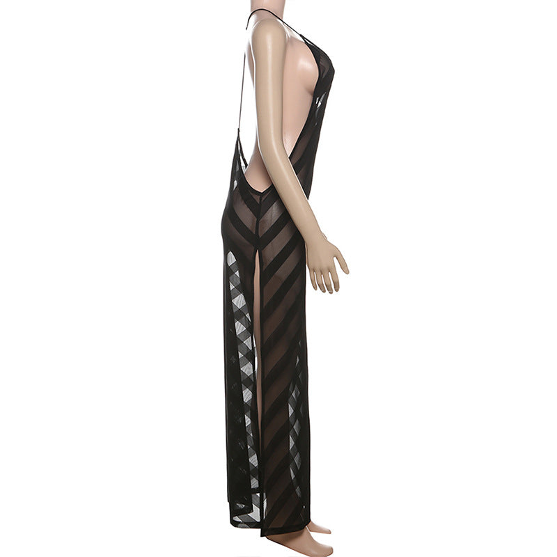 V neck mesh high slit see through backless maxi dress  | Festival Outfits Women-final-sale