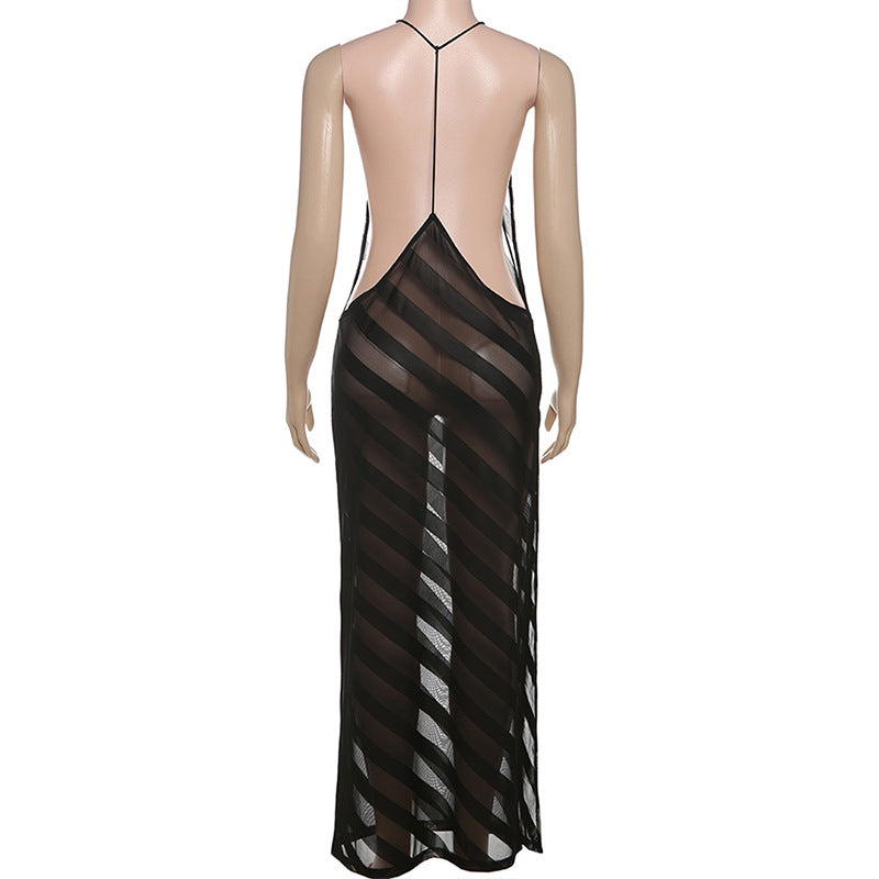 V neck mesh high slit see through backless maxi dress  | Festival Outfits Women-final-sale