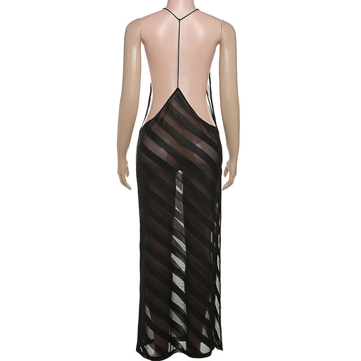 V neck mesh high slit see through backless maxi dress  | Festival Outfits Women-final-sale