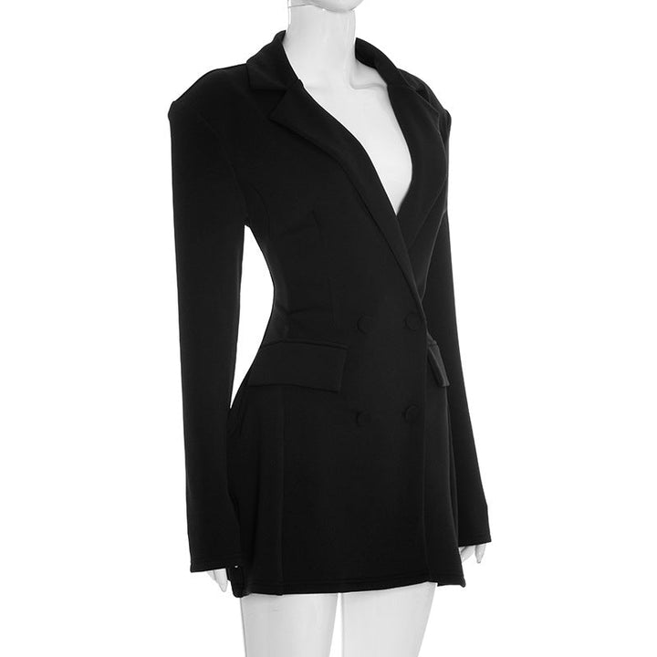 Long sleeve turnover collar solid mini dress  | Festival Outfits Women