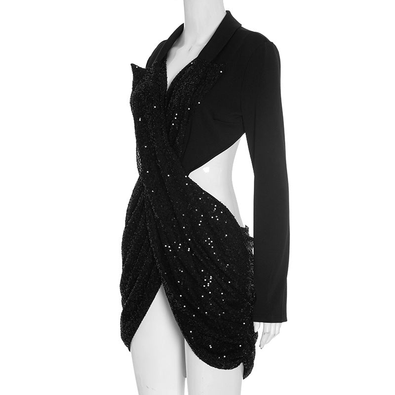 Glitter long sleeve v neck hollow out cut out mini dress  | Festival Outfits Women