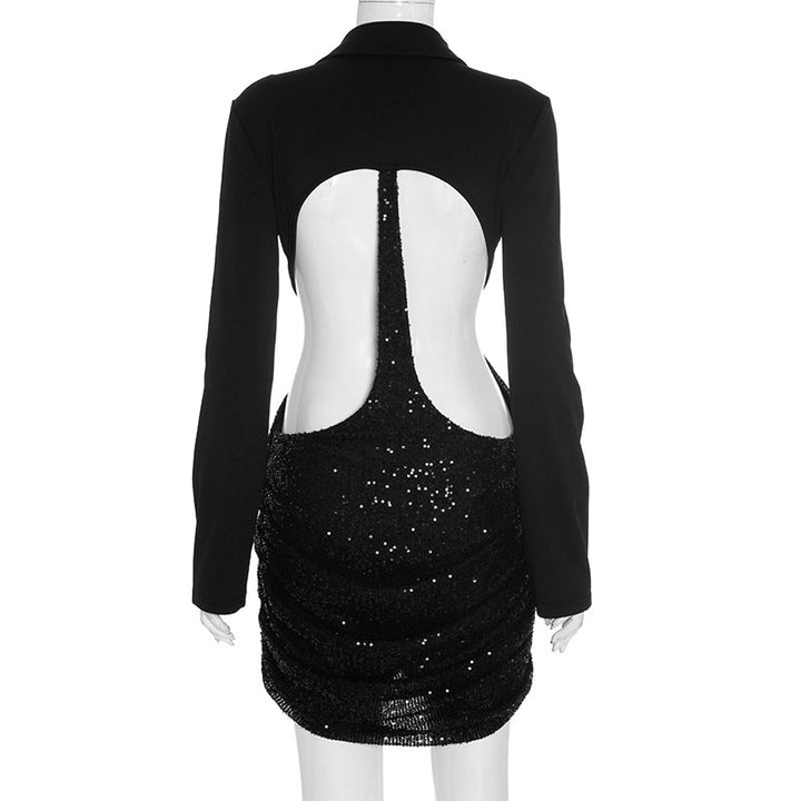 Glitter long sleeve v neck hollow out cut out mini dress  | Festival Outfits Women