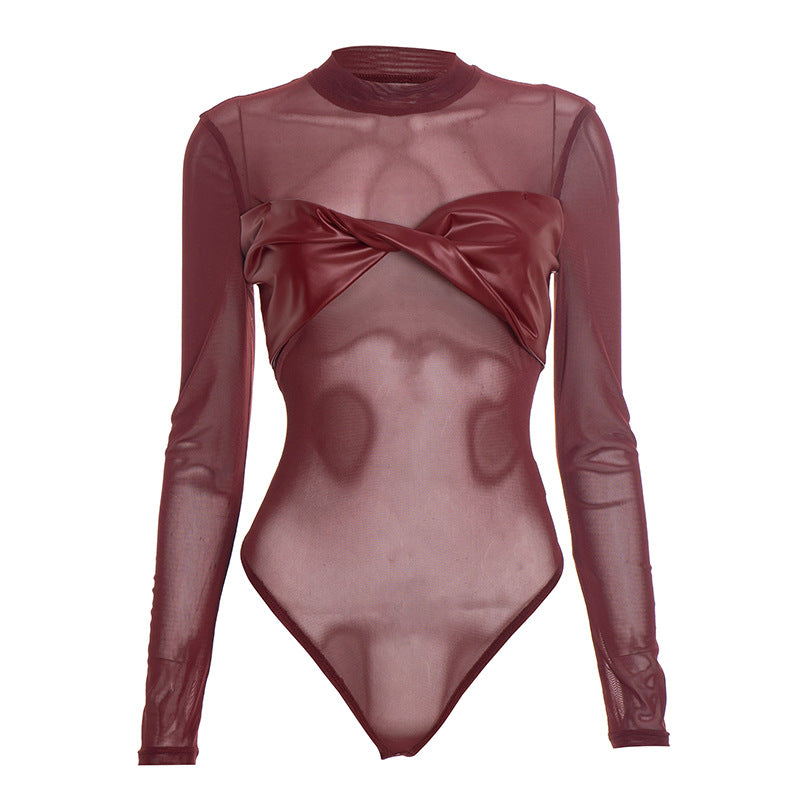 Crewneck long sleeve mesh PU leather bodysuit  | Festival Outfits Women-final-sale