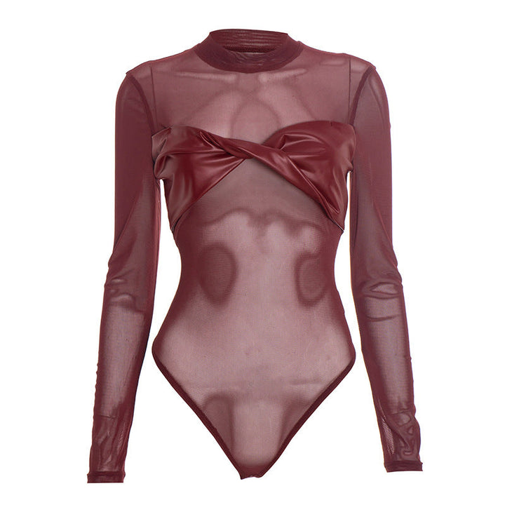 Crewneck long sleeve mesh PU leather bodysuit  | Festival Outfits Women-final-sale