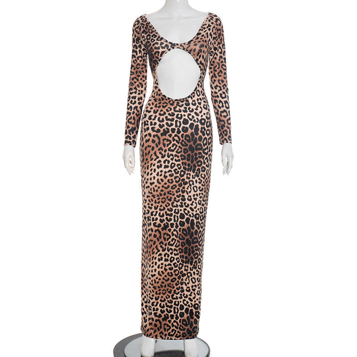 Leopard print hollow out long sleeve cut out maxi dress  | Festival Outfits Women-final-sale