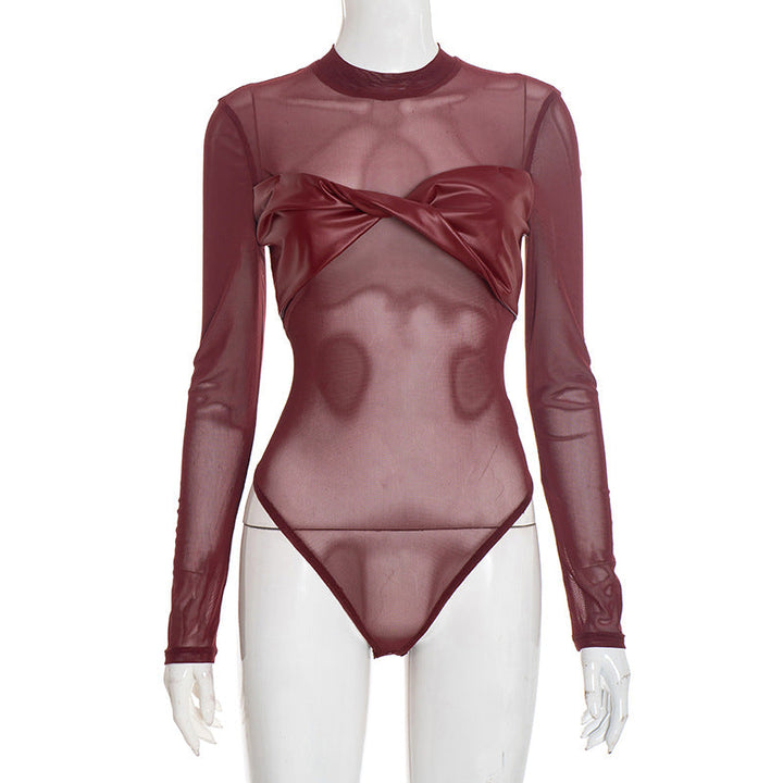 Crewneck long sleeve mesh PU leather bodysuit  | Festival Outfits Women-final-sale