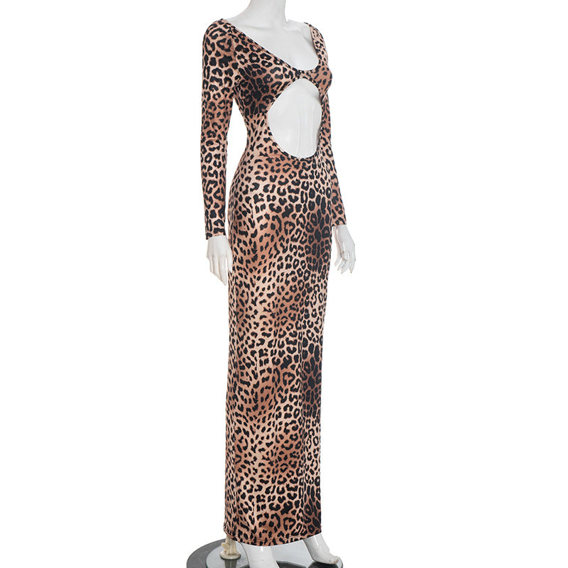 Leopard print hollow out long sleeve cut out maxi dress  | Festival Outfits Women-final-sale