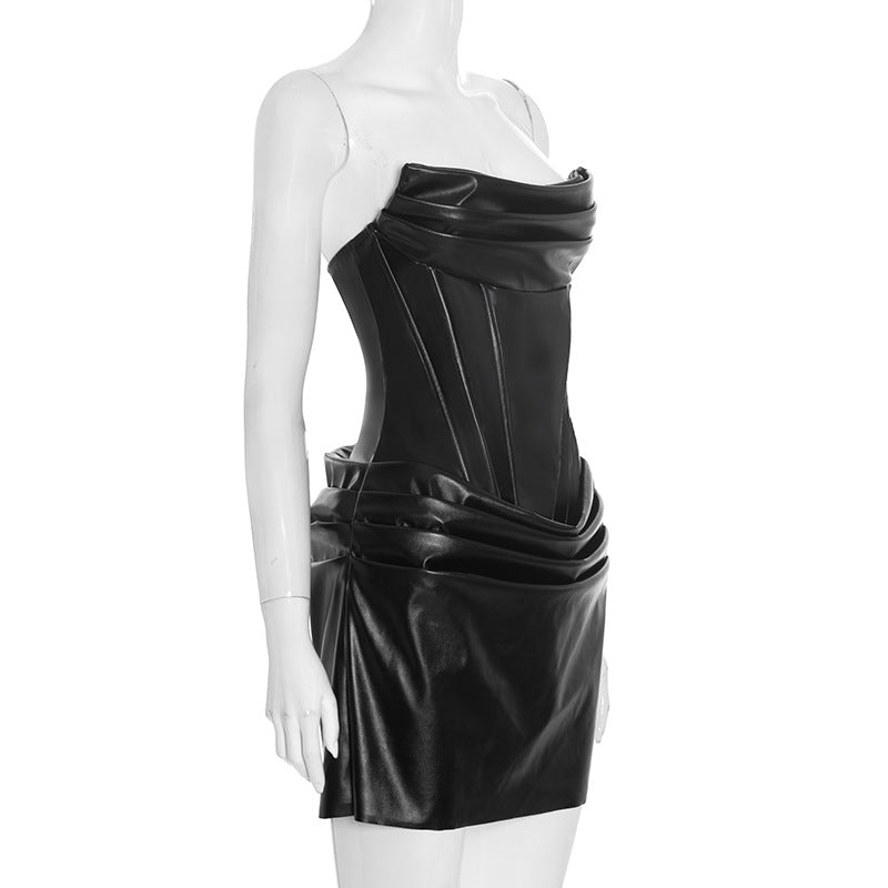 Pleated PU leather zip-up cami mini dress  | Festival Outfits Women