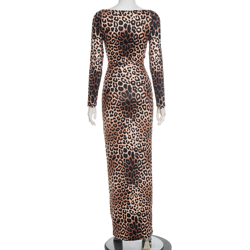 Leopard print hollow out long sleeve cut out maxi dress  | Festival Outfits Women-final-sale