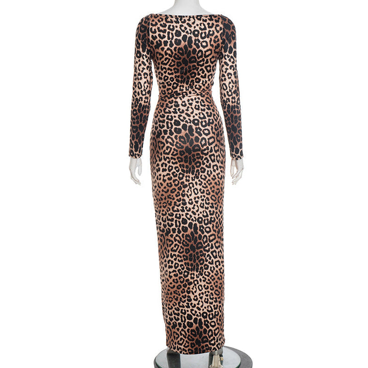 Leopard print hollow out long sleeve cut out maxi dress  | Festival Outfits Women-final-sale