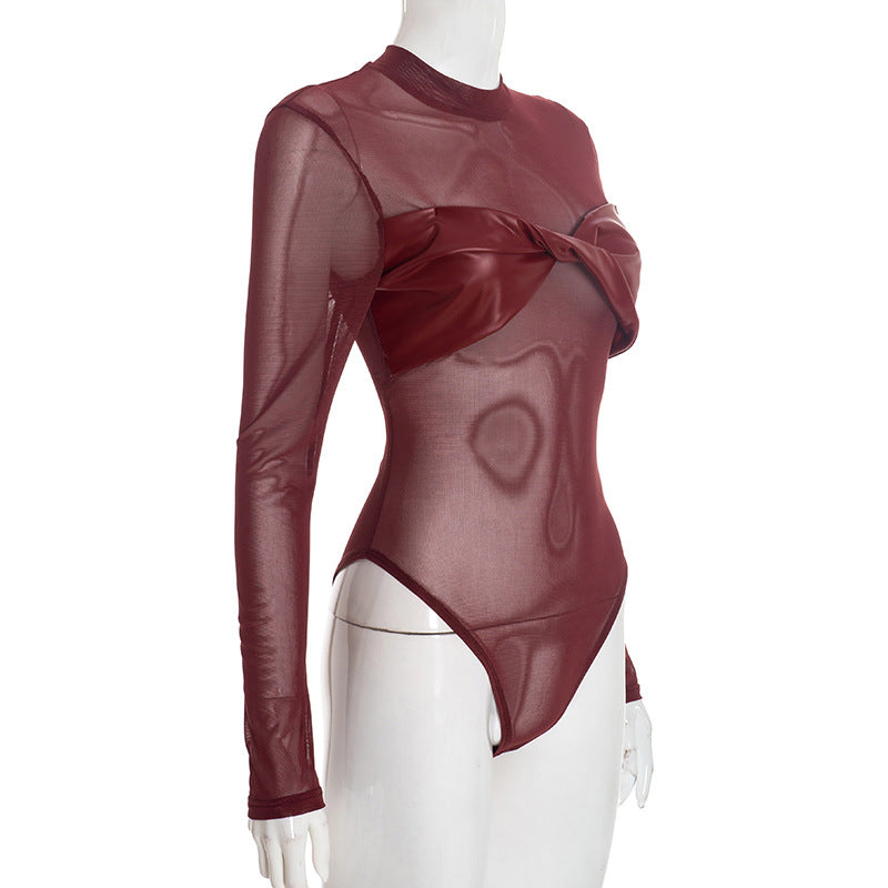 Crewneck long sleeve mesh PU leather bodysuit  | Festival Outfits Women-final-sale