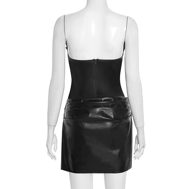 Pleated PU leather zip-up cami mini dress  | Festival Outfits Women