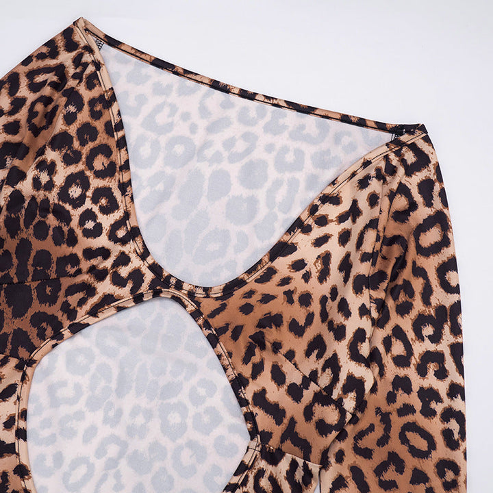 Leopard print hollow out long sleeve cut out maxi dress  | Festival Outfits Women-final-sale