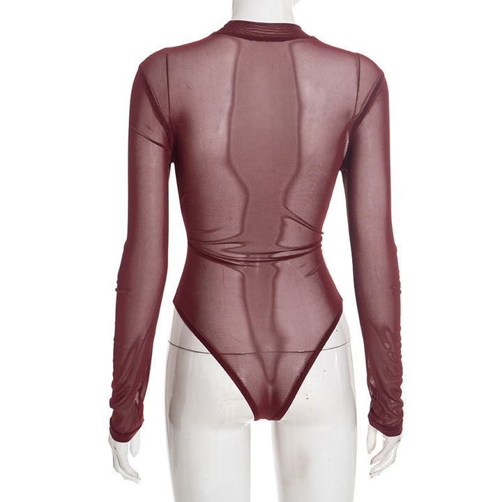 Crewneck long sleeve mesh PU leather bodysuit  | Festival Outfits Women-final-sale