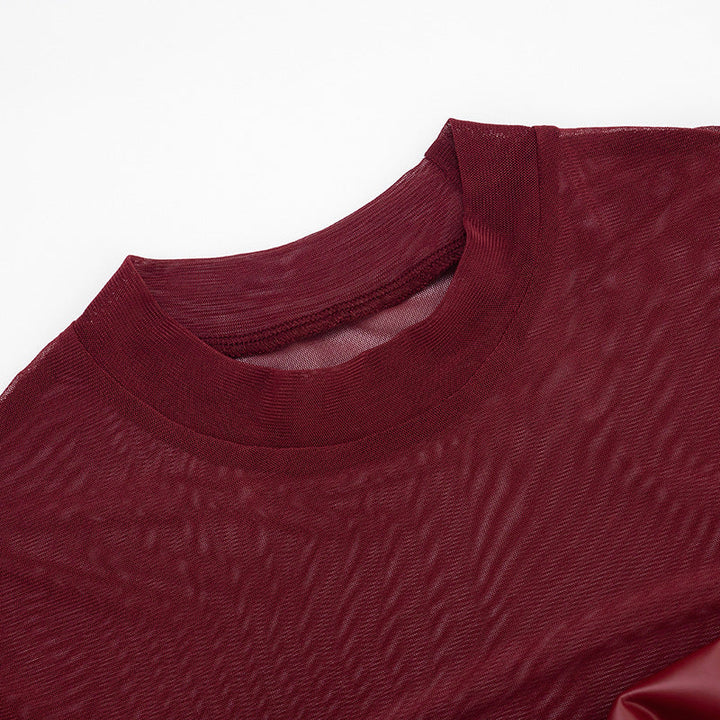 Crewneck long sleeve mesh PU leather bodysuit  | Festival Outfits Women-final-sale