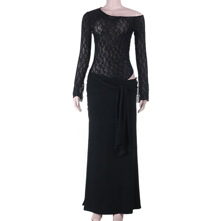 Ruched long sleeve lace hollow out cut out maxi dress  | Festival Outfits Women