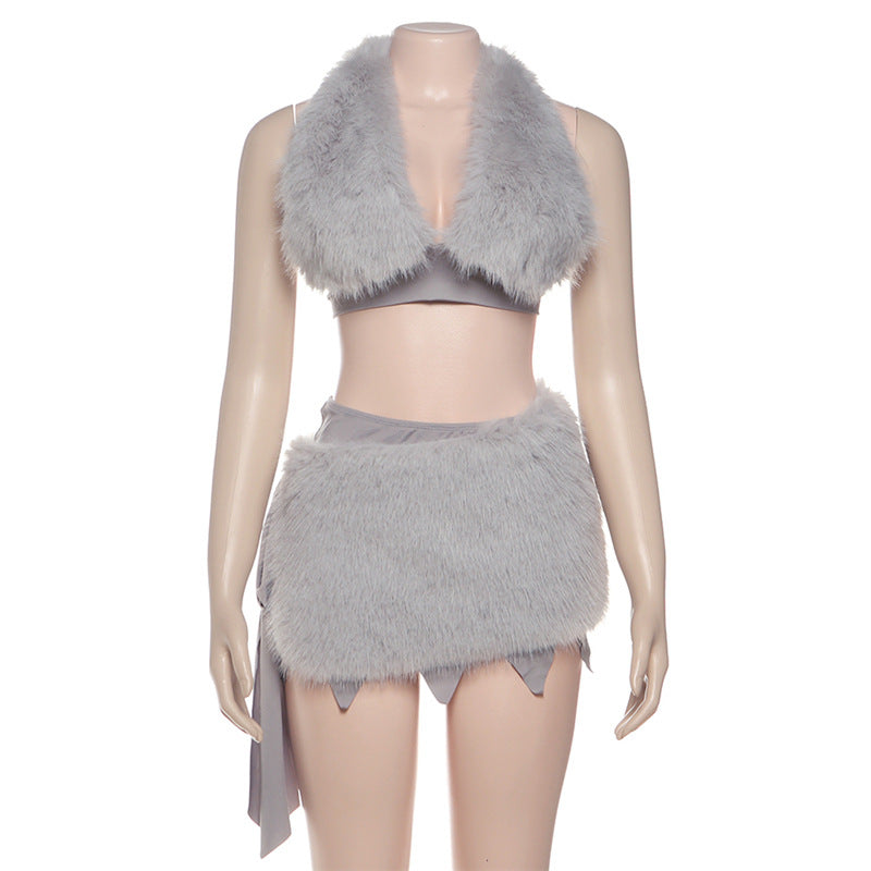 Halter fluffy v neck self tie backless mini skirt set  | Festival Outfits Women