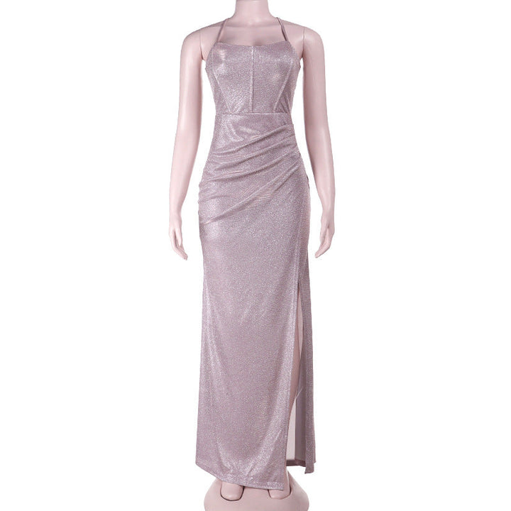 Cross back self tie ruched zip-up slit cami maxi dress  | Festival Outfits Women