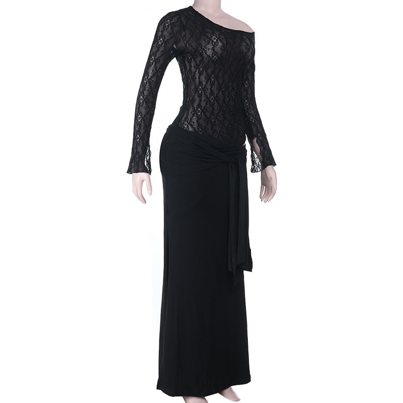 Ruched long sleeve lace hollow out cut out maxi dress  | Festival Outfits Women