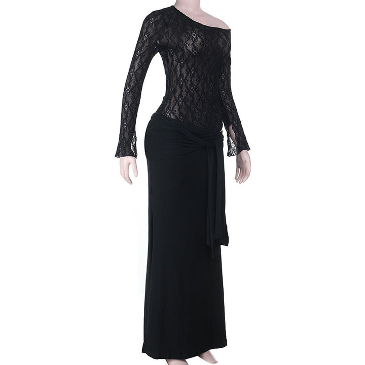 Ruched long sleeve lace hollow out cut out maxi dress  | Festival Outfits Women