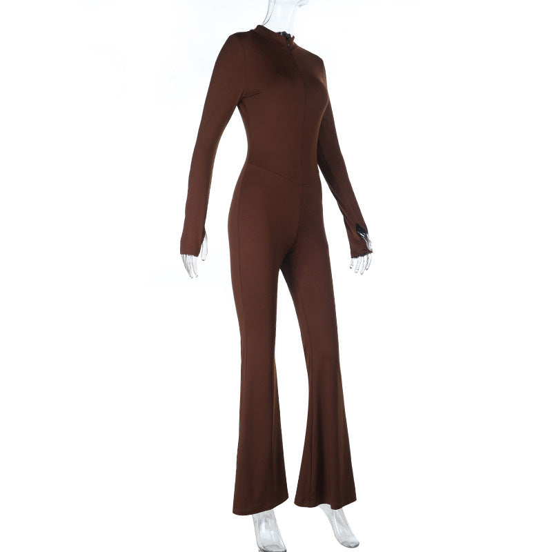 Gloves long sleeve crewneck zip-up solid jumpsuit  | Festival Outfits Women