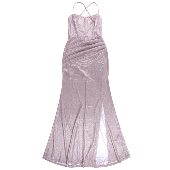 Cross back self tie ruched zip-up slit cami maxi dress  | Festival Outfits Women