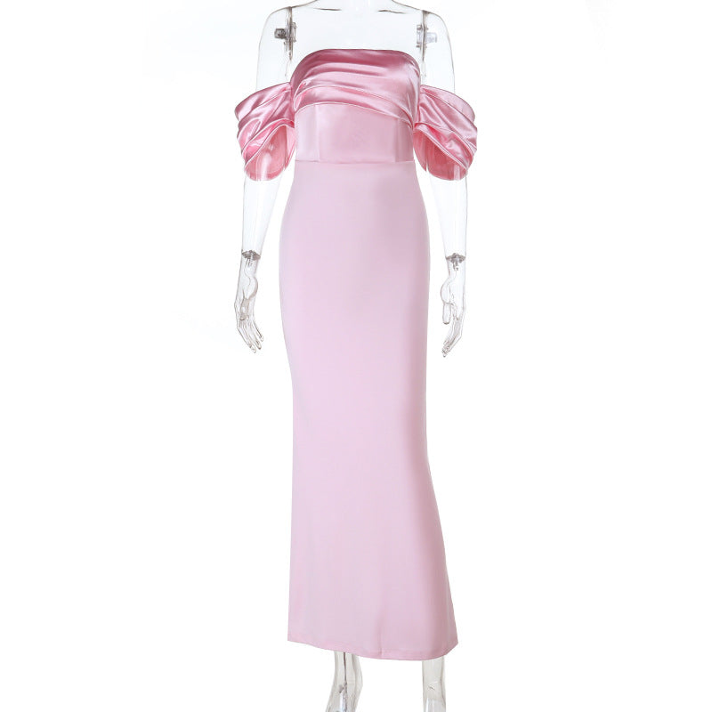 Satin ruched off shoulder zip-up slit maxi dress  | Festival Outfits Women