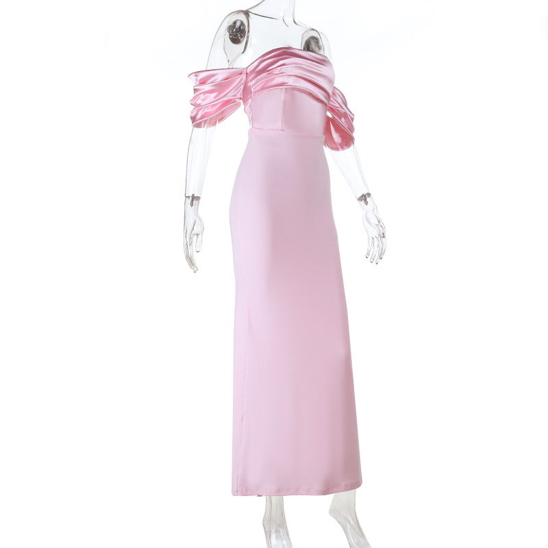 Satin ruched off shoulder zip-up slit maxi dress  | Festival Outfits Women