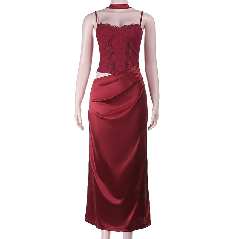 Hollow out ruched satin slit cami cut out maxi dress  | Festival Outfits Women