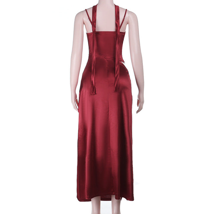 Hollow out ruched satin slit cami cut out maxi dress  | Festival Outfits Women