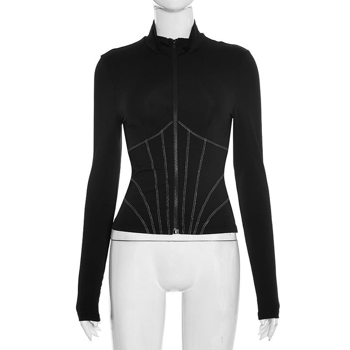Zip-up long sleeve stitch solid top  | Festival Outfits Women