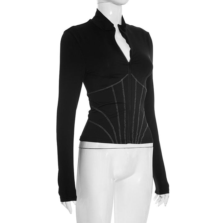 Zip-up long sleeve stitch solid top  | Festival Outfits Women