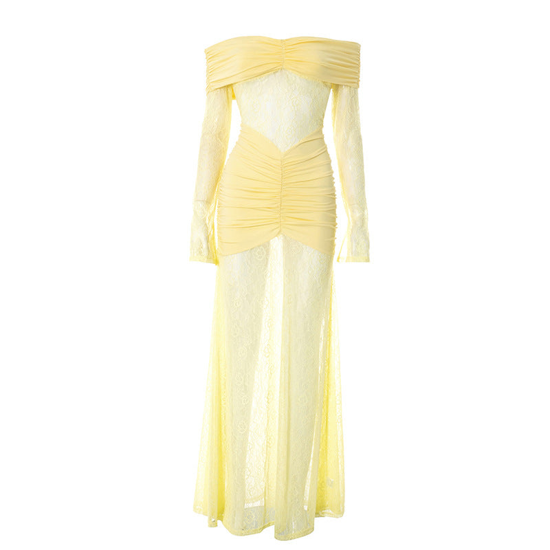 Ruched off shoulder long sleeve lace maxi dress  | Festival Outfits Women-final-sale