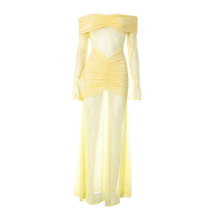 Ruched off shoulder long sleeve lace maxi dress  | Festival Outfits Women-final-sale
