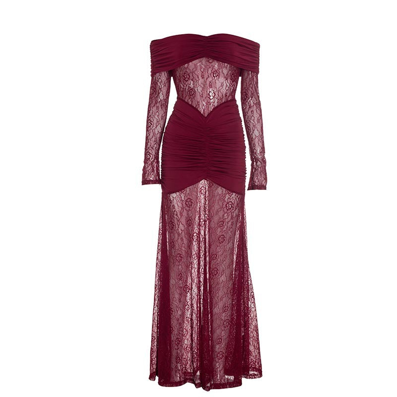 Ruched off shoulder long sleeve lace maxi dress  | Festival Outfits Women-final-sale