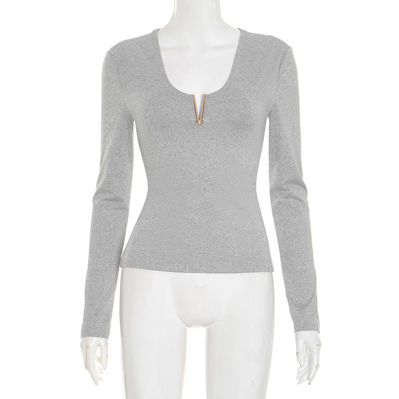Long sleeve solid v neck top  | Festival Outfits Women-final-sale