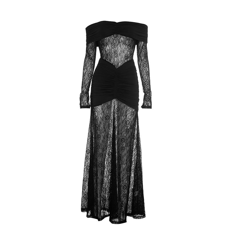 Ruched off shoulder long sleeve lace maxi dress  | Festival Outfits Women-final-sale