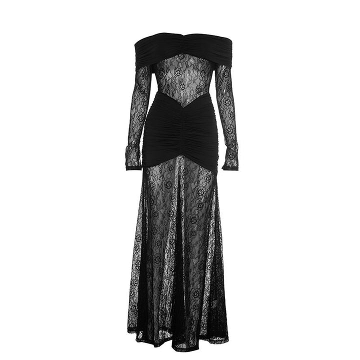 Ruched off shoulder long sleeve lace maxi dress  | Festival Outfits Women-final-sale