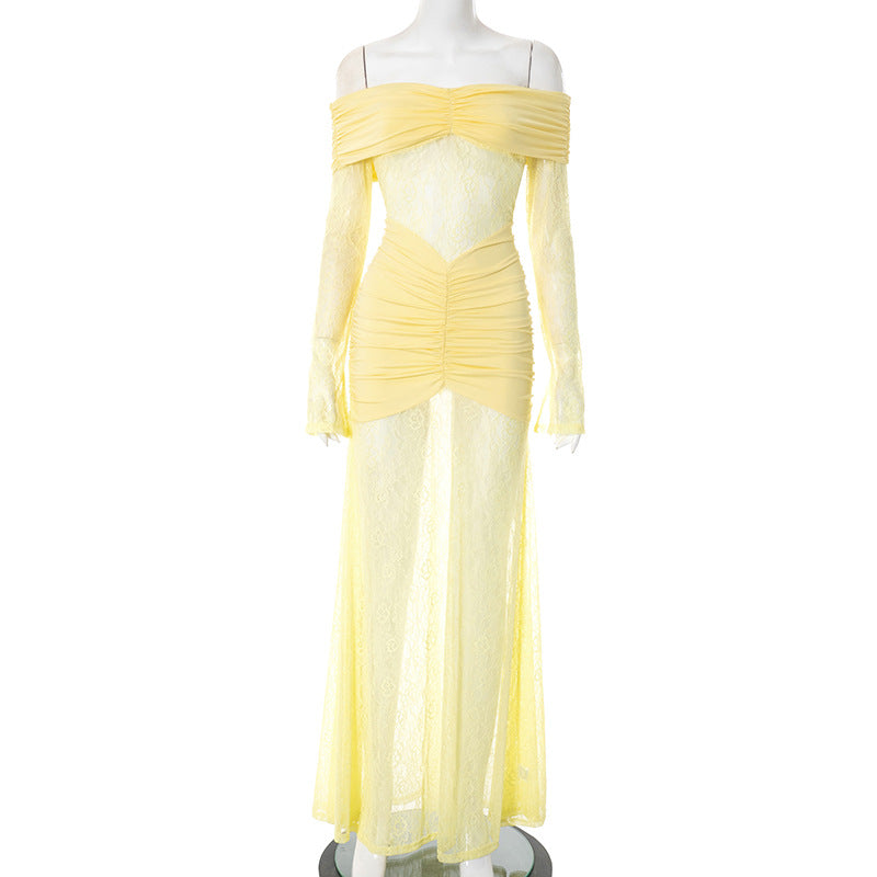 Ruched off shoulder long sleeve lace maxi dress  | Festival Outfits Women-final-sale