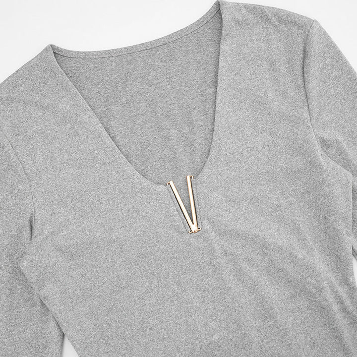 Long sleeve solid v neck top  | Festival Outfits Women-final-sale