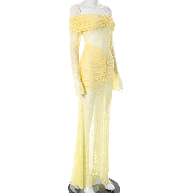 Ruched off shoulder long sleeve lace maxi dress  | Festival Outfits Women-final-sale