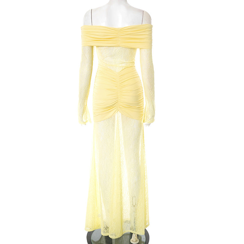 Ruched off shoulder long sleeve lace maxi dress  | Festival Outfits Women-final-sale