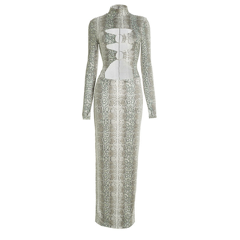 Hollow out long sleeve snakeskin print o ring cut out maxi dress  | Festival Outfits Women-final-sale