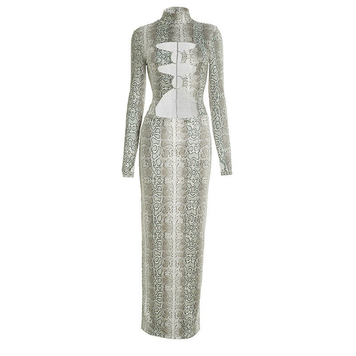Hollow out long sleeve snakeskin print o ring cut out maxi dress  | Festival Outfits Women-final-sale