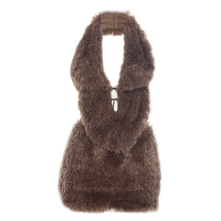 Fluffy halter self tie backless v neck mini skirt set  | Festival Outfits Women