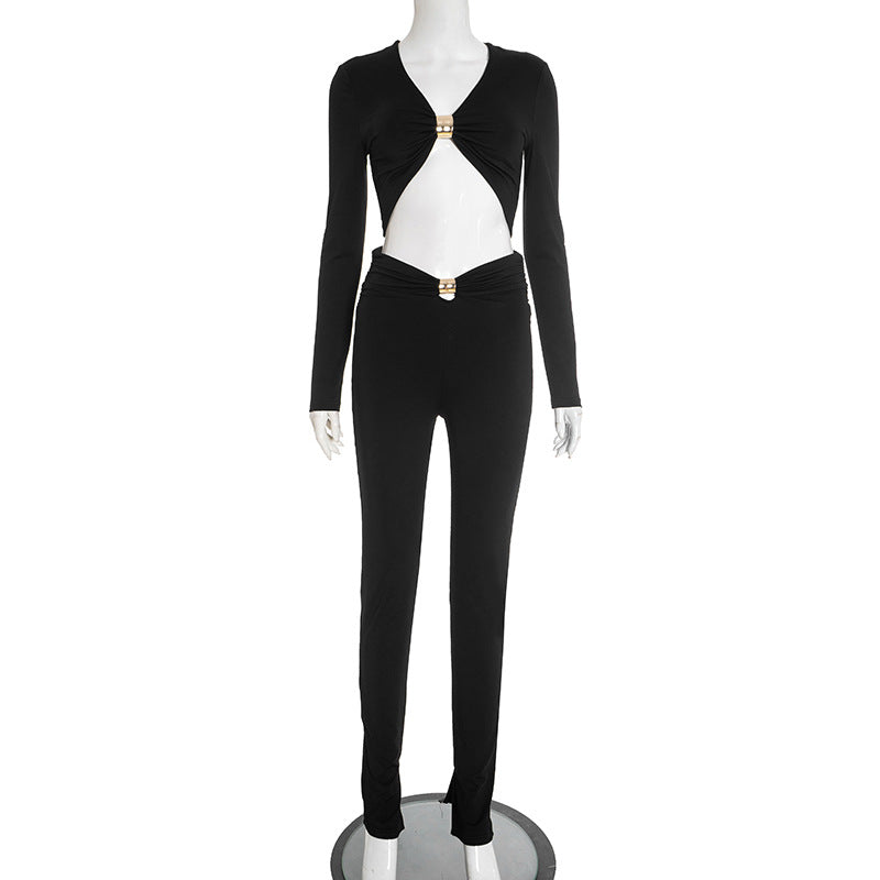 Long sleeve v neck ruched solid crop pant set  | Festival Outfits Women