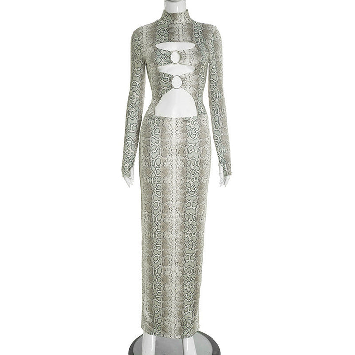 Hollow out long sleeve snakeskin print o ring cut out maxi dress  | Festival Outfits Women-final-sale