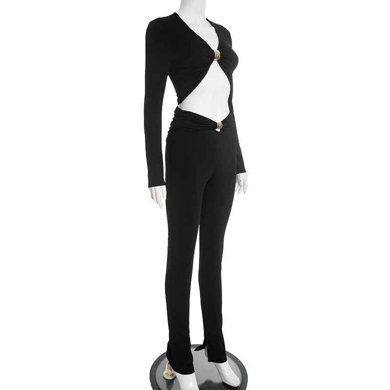 Long sleeve v neck ruched solid crop pant set  | Festival Outfits Women