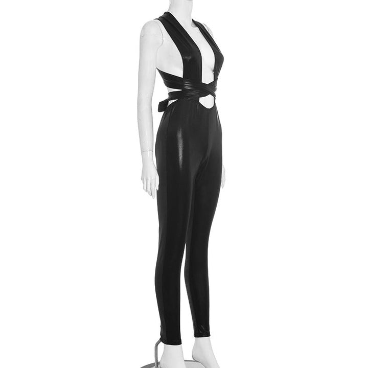 Cross back self tie backless solid jumpsuit  | Festival Outfits Women